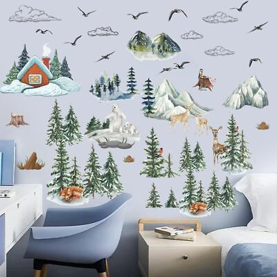 #ad Mountain Wall Decals Tree Wall Stickers Peel and Stick Forest Tree Woodland Deer $10.18