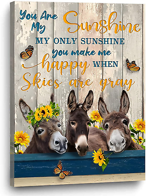 #ad You Are My Sunshine Canvas Wall Art Funny Donkey Decor Sunflower Butterfly Inspi $27.49