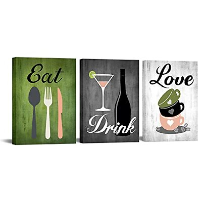 #ad Canvas Set Of 3 Green And Grey Modern Kitchen And Dining Room Wall Art Home Deco $41.19