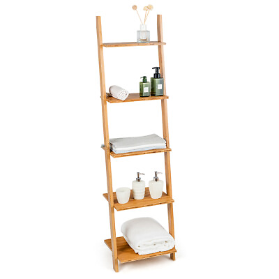 #ad 5 Tier Ladder Shelf Modern Bamboo Leaning Bookshelf Ladder Bookcase Home Display $69.99