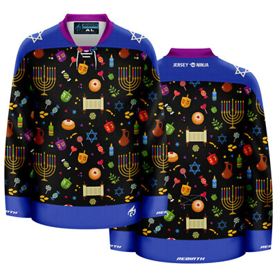 #ad Hanukkah Dark Colors Ugly Sweater Hockey Jersey $99.95