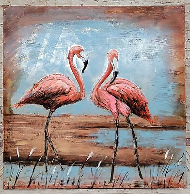 #ad #ad Pair of Flamingos Mixed Media 3D Wall Art Painting on Metal amp; Wood $124.50