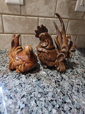 #ad VINTAGE HAND PAINTED BROWN CERAMIC KITCHEN HOME DECOR 🐔 and rooster 🐓 $40.00
