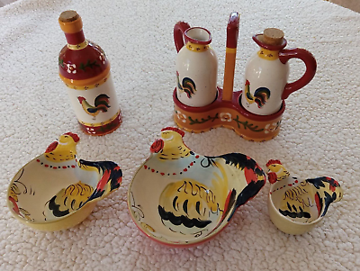 #ad Set of 7 Vintage Ceramic Rooster Hand Painted Kitchen Decor $27.99