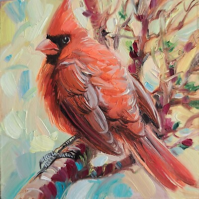 #ad Original oil painting Cardinal bird red artwork gold frame 4x4 small art gift $98.00