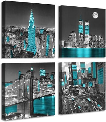 #ad New York City Canvas Wall Art Print Black and White Brooklyn Bridge Blue Empi... $39.16