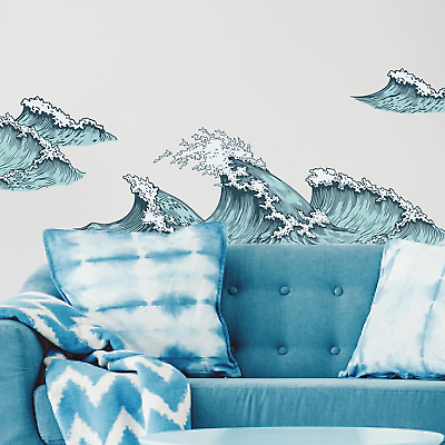 #ad 6 Pcs Blue Ocean Sea Waves Wall Stickers Removable Vinyl Peel and Stick Wall De $7.89