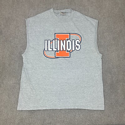 #ad VINTAGE Illinois Fighting Illini Shirt Mens Large Gray Tank Top Muscle USA Made $15.99