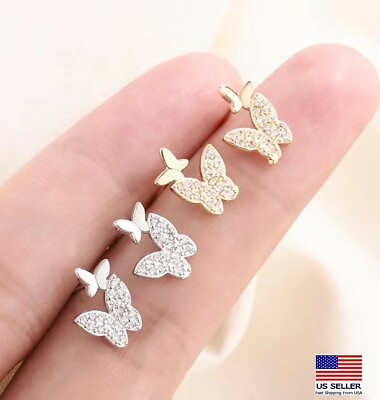 Fashion Women 925 Sterling Silver Jewelry Earrings Crystal Simple Butterfly Stud $5.99