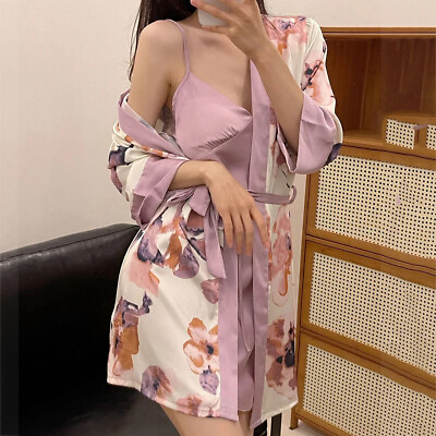#ad Sexy Suspender Night Gowns Flower Robe Set Sleepwear Satin Home Bathrobes Dress $26.99