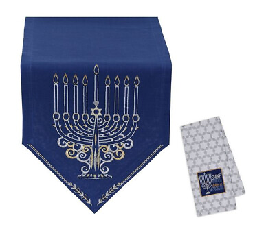 #ad Chanukah Peace Menorah Table Runner Matching Kitchen Towel Dark Blue $22.95