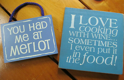 Lot of 2 Wooden Wall Plaques Hanging Love Wine Merlot Kitchen Decor Signs C $16.65