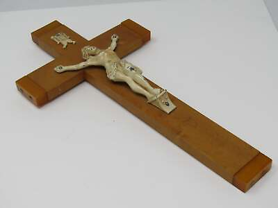 #ad Vintage Wall Crucifix Bakelite Edges Wood Body 10quot; Tall $37.49