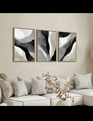 #ad Mid Century Modern Wall Art Framed Abstract Canvas Beige Brown Tan Picture 3 $97.97
