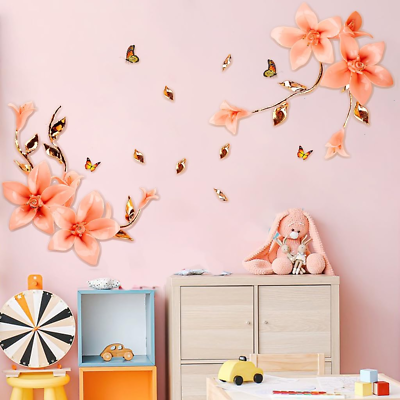 #ad Large Magnolia Flower Wall Stickers 3D Floral Butterfly Wall Decals Orange Rose $19.58