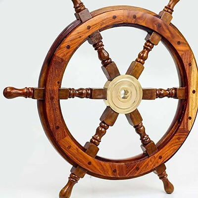 #ad 18quot; Nautical Wooden Ship Wheel with Navigational Brass Cap Navy Wall Decor $79.90