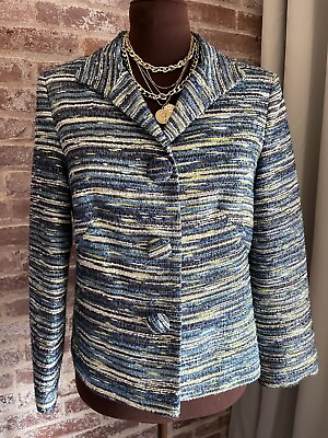 #ad #ad Robert Kitchen Blue Colorful Tweed Woven Blazer Jacket Chunky Buttons Size 6 $22.00