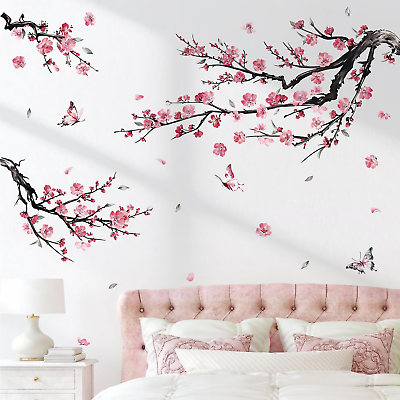 #ad Watercolor Pink Flower Branch Wall Decals Blossom Tree Branches Floral Wall Stic $24.20
