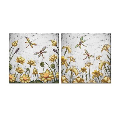 #ad 2 Pieces Dancing Dragonflies Canvas Wall Art Dragonfly Lotus Flowers Yellow $38.97