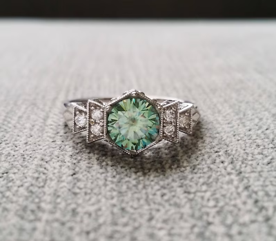 #ad Art Deco Vintage Lab Created Diamond and Blue Green Emerald Wedding Silver Ring $68.60