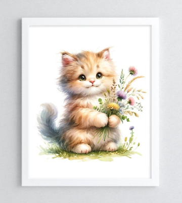 #ad Cat Wall Art Print Kitten With Wildflowers Art Print Wall Art Decor Home Decor $9.99