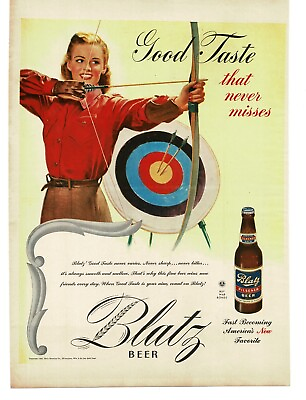#ad 1945 Blatz Beer Woman Archer Archery Target art Vintage Print Ad $8.95