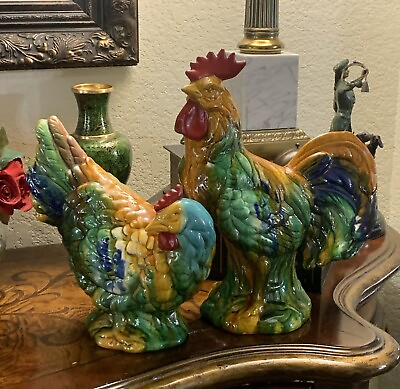 #ad Vtg Rooster amp; Hen Set Crackle Glaze Ceramic Farmhouse French Country Chicken ￼￼￼ $135.00
