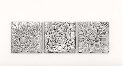 #ad Modern Contemporary Floral Embossed Set 3 Metal Wall Art Panels Plaques 16quot; x 16 $79.95