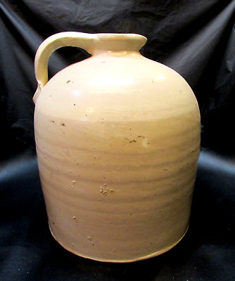 #ad Primitive Old 1870#x27;s Large 2 gal Antique Spun Pottery Stoneware Crock Jug Spout $115.00