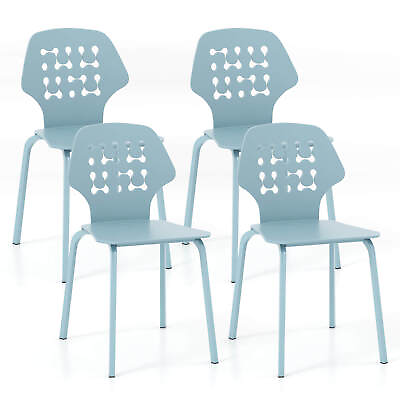 #ad 4 PCS Metal Dining Chair Armless Hollowed Backrest amp; Metal Legs Kitchen Blue $119.99