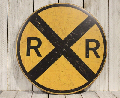 #ad Railroad Sign Train Crossing Round Warning Tin Metal Vintage Rustic Replica $13.77