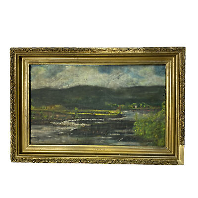 Antique 19th Century Folk Art Landscape Oil Painting ON LEATHER Gilt Wood Frame $199.00
