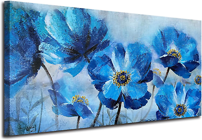 #ad Blue Flower Canvas Wall Art Bloosm Painting Modern Poppy Floral Picture Summer $79.86