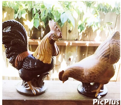 #ad Large Wood Statues Rooster and Hen Set Of 2 Chickens Rustic Figurines PRETTY $49.99