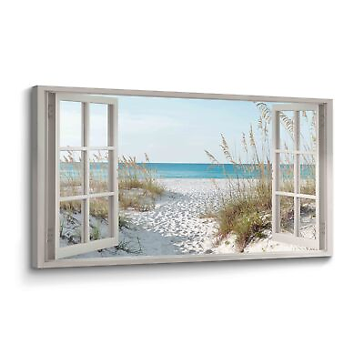 #ad Beach Window Wall Art Canvas: Relaxing Bedroom Living Room Blue Ocean Coastal... $120.98