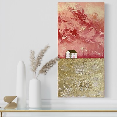 #ad Original acrylic wall art painting abstract landscape lonely house red orange $250.00