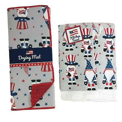 #ad Patriotic Gnomes Dish Drying Mat and Matching Kitchen Towels 3 Pc Gift Set New $15.95
