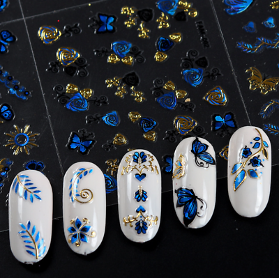 #ad 10PCS Nail Art Stickers Gold Blue Lace BUTTERFLY ROSE FLOWER Slider #9 $2.95