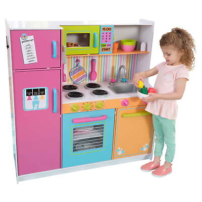 #ad Deluxe Big and Bright Wooden Play Kitchen for Kids Neon Colors $182.20