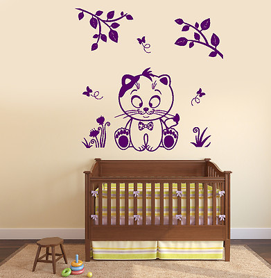 #ad Wall Vinyl Decal Nursery Cat Kitty Kids Children Butterfly Floral Decor z3784 $49.99
