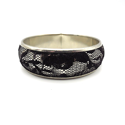 #ad Black Silver Tone Bracelet 8.5quot; Floral Lace Over Metal Boho Gothic Bangle $6.39