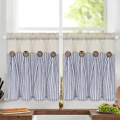 #ad Cotton Linen Farmhouse Kitchen Curtains 24 Inch Boho Rustic Button Tier Curta... $28.86