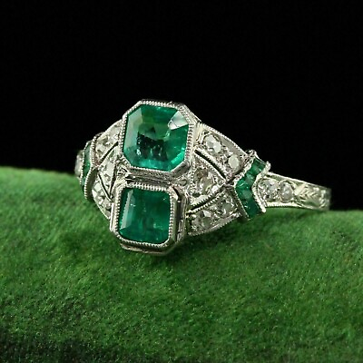 #ad Vintage Art Deco Style Lab Created Emerald Engagement 14K White Gold Finish Ring $66.50