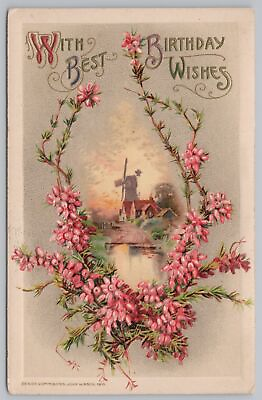 #ad Birthday Windmill Home Lake Framed In Pink Flowers Gold Emb John Winsch Vtg PC $2.24