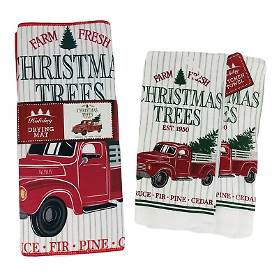 #ad Christmas Dish Drying Mat Matching Kitchen Towel Set Red Truck Tree Farm New $16.95