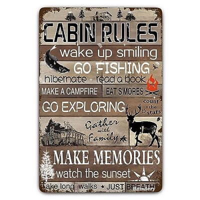 #ad Metal Tin Sign Cabin Rules Rustic Decor Retro Sign Home Kitchen Bedroom Bar C... $17.77
