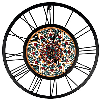 #ad Colorful Mandala Flower 18quot; Wall Clock Black Metal Frame with Roman Numerals $39.99