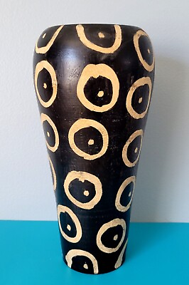 #ad African Wooden Vase Black w Tan Circles 11.5quot; Tall Made In Kenya Target Stores $25.00