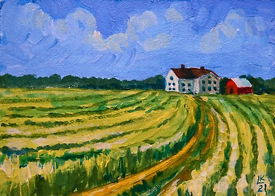 #ad Farm Rural Landscape Original Painting Realism Collectible Small Art 5x7 in $140.00