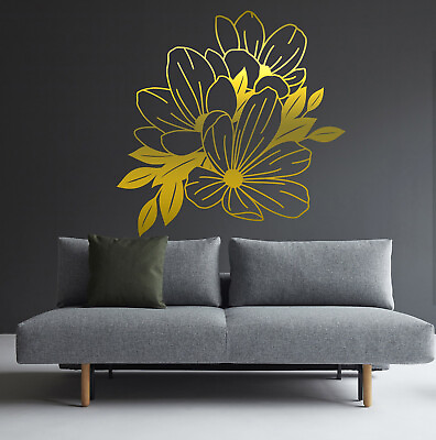 #ad Flower Large Wall Decal Abstract Vinyl Décor Leaves Sticker Floral Gold Line $33.99
